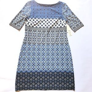 Eliza J Elbow Sleeve Mult-Print Dress Blue White